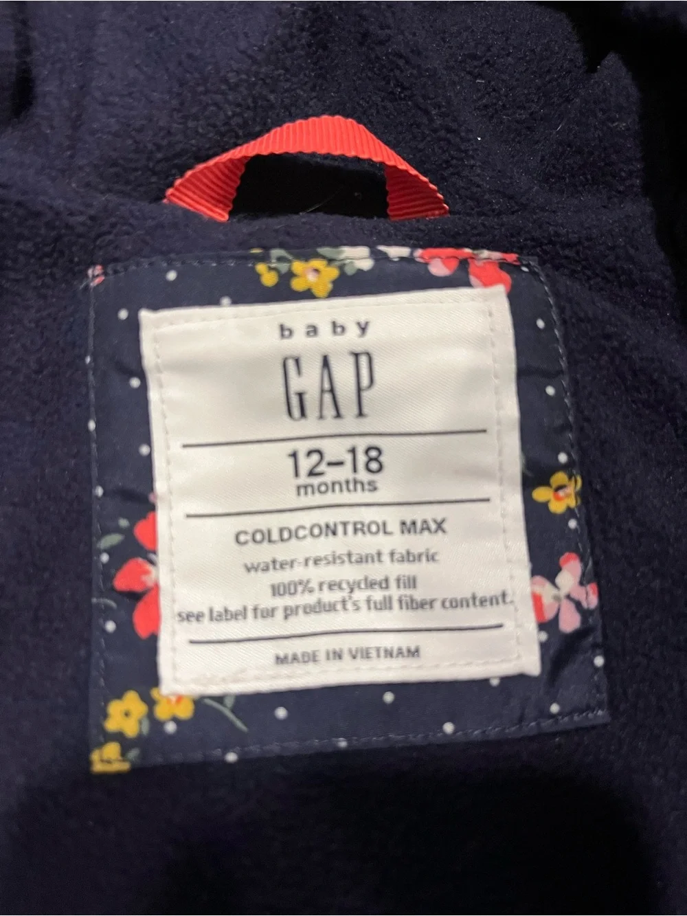 GAP Navy Floral Hooded Puffer Jacket with Pink Trim and Ear Detail 12-18m